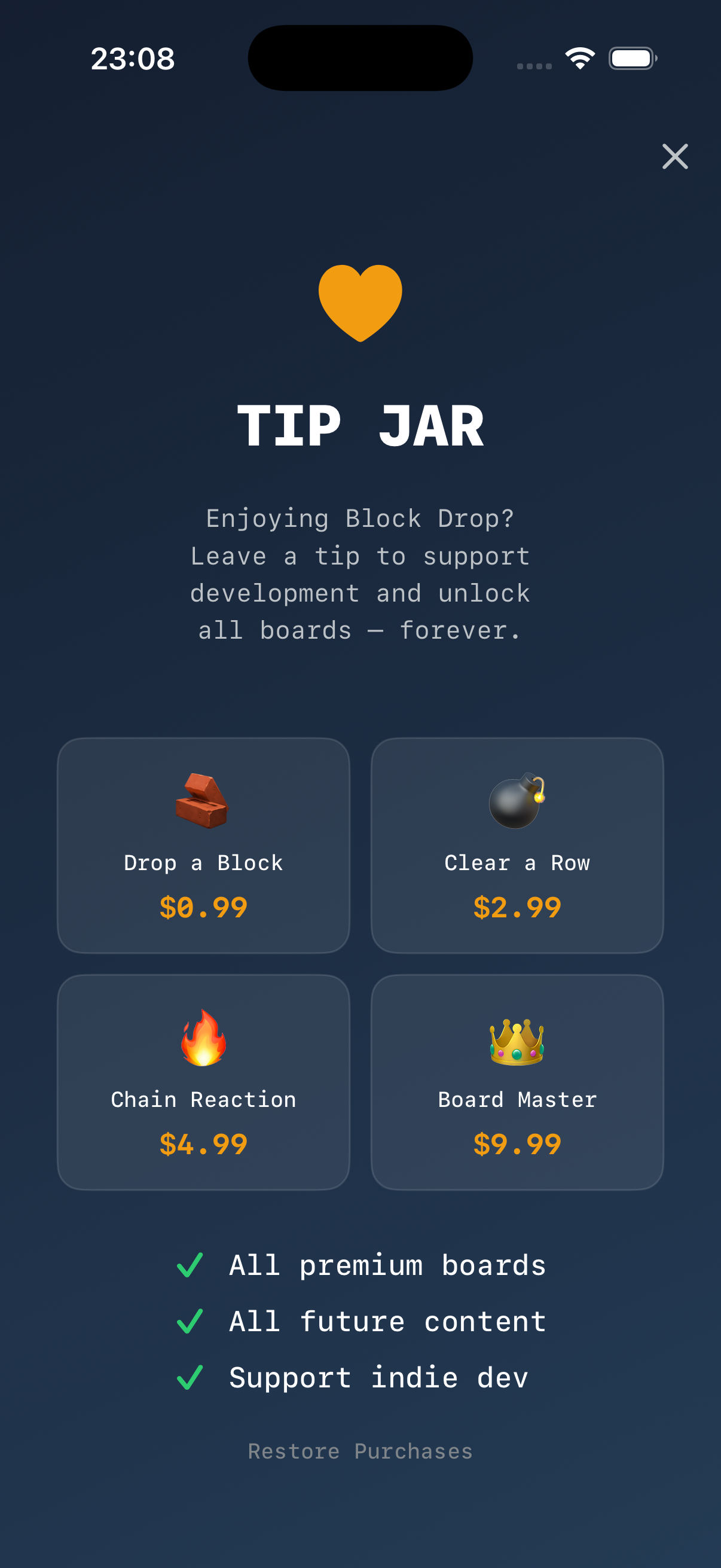 BlockDropable gameplay showing an active puzzle board with colorful elemental blocks