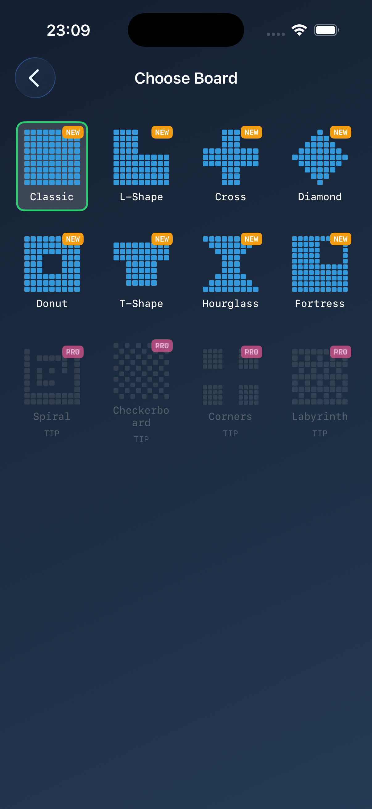 BlockDropable mode selection screen with multiple board shapes