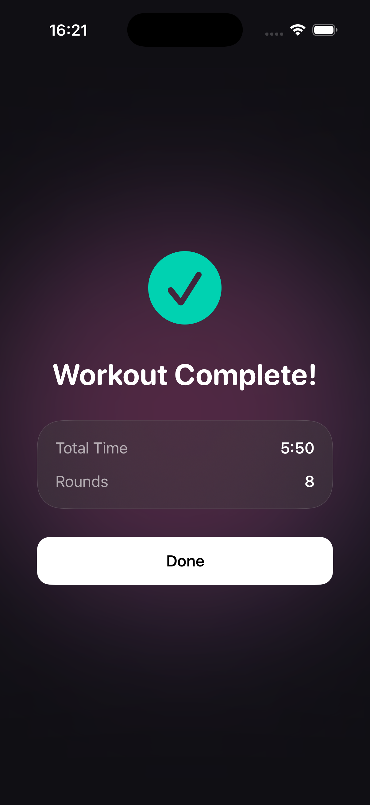 PureTimer workout complete screen showing total time, round count, and a done button