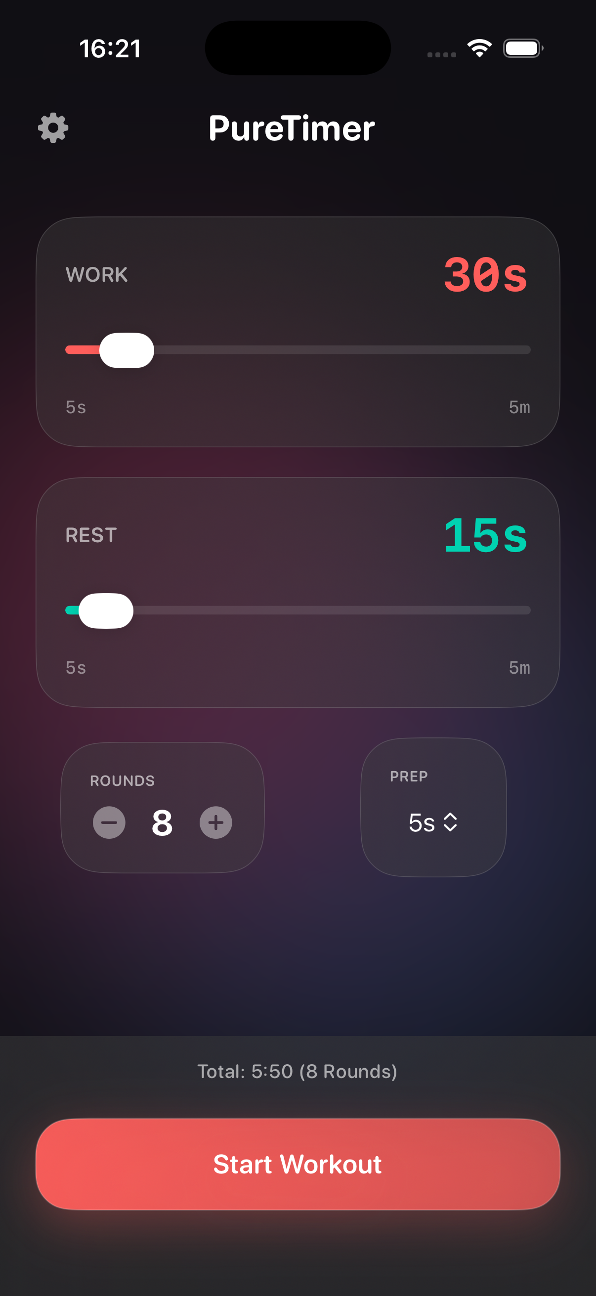 PureTimer setup screen with work, rest, rounds, and prep controls before starting a workout