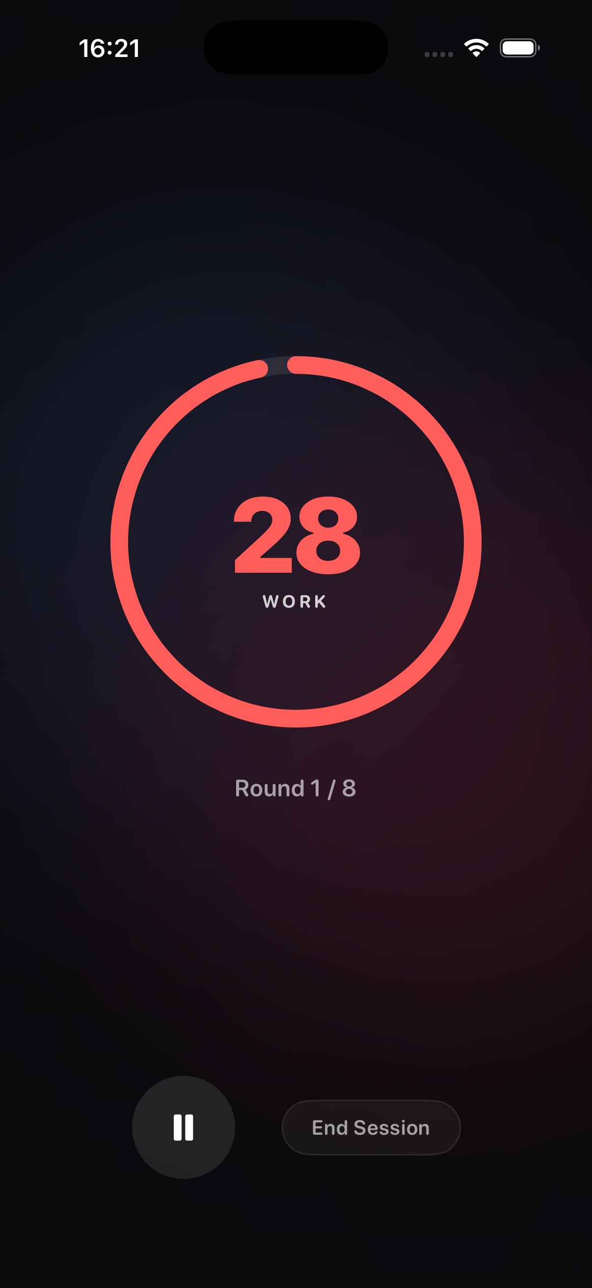 PureTimer active workout screen showing a circular interval timer and current round progress