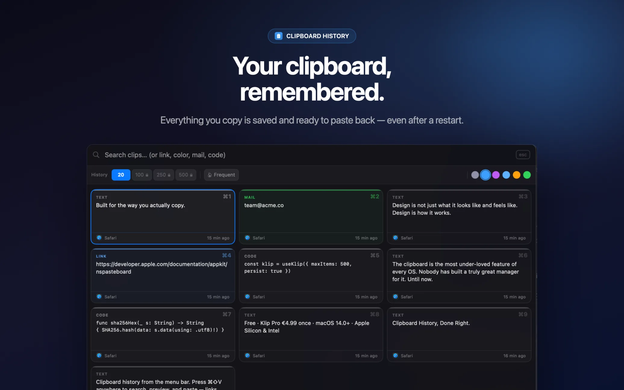 Klip Quick Bar showing clipboard history in a three-column grid