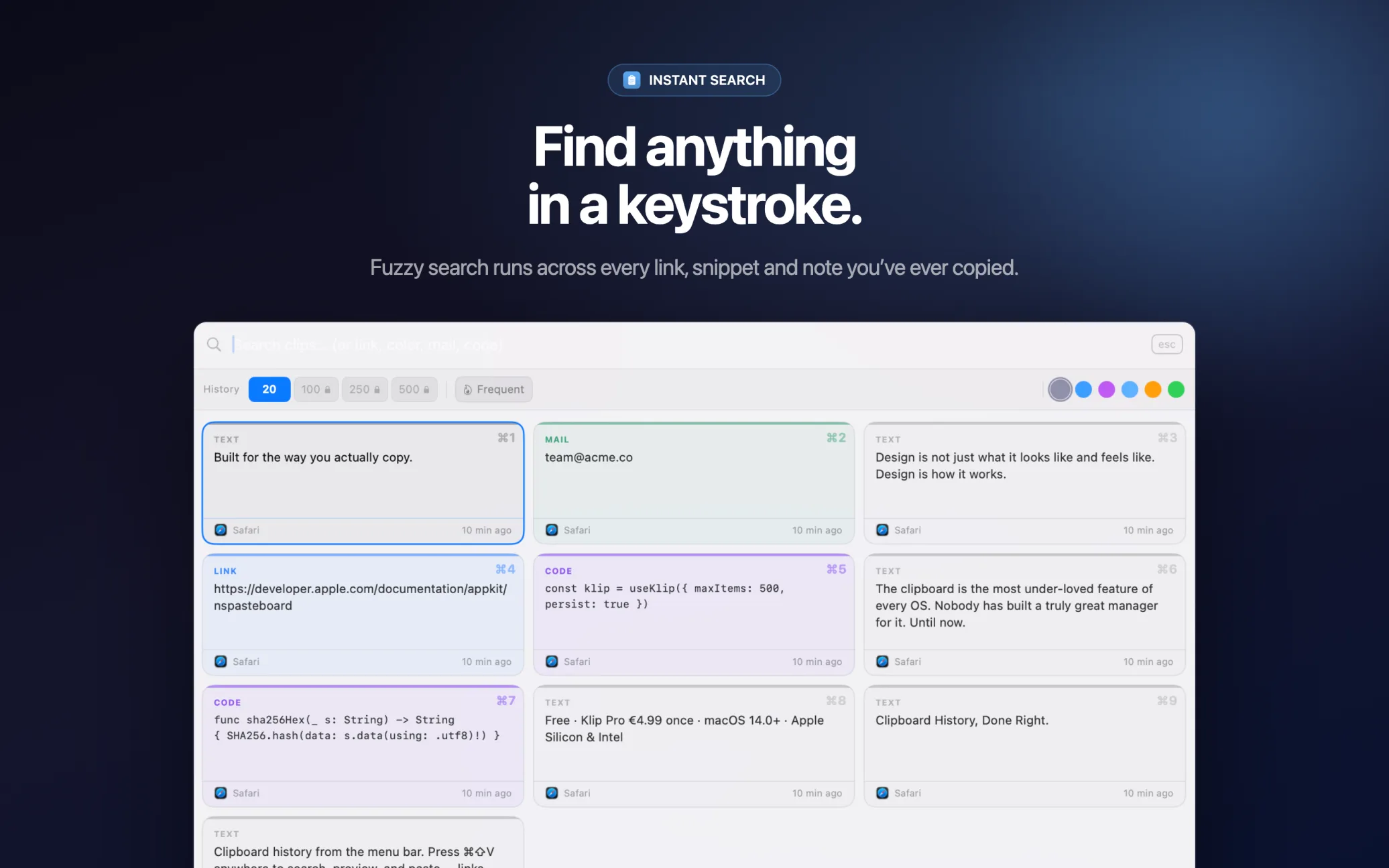 Klip instant search filtering the clipboard history