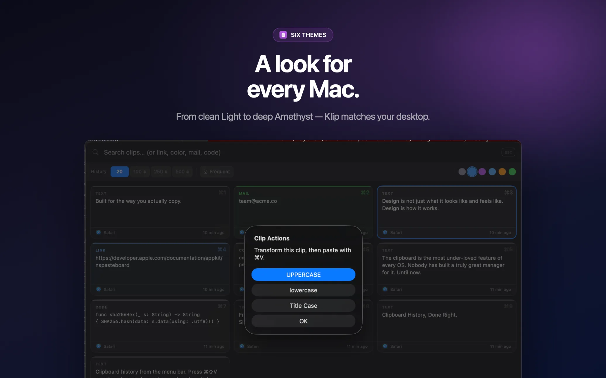 Klip Quick Bar shown in one of its six color themes
