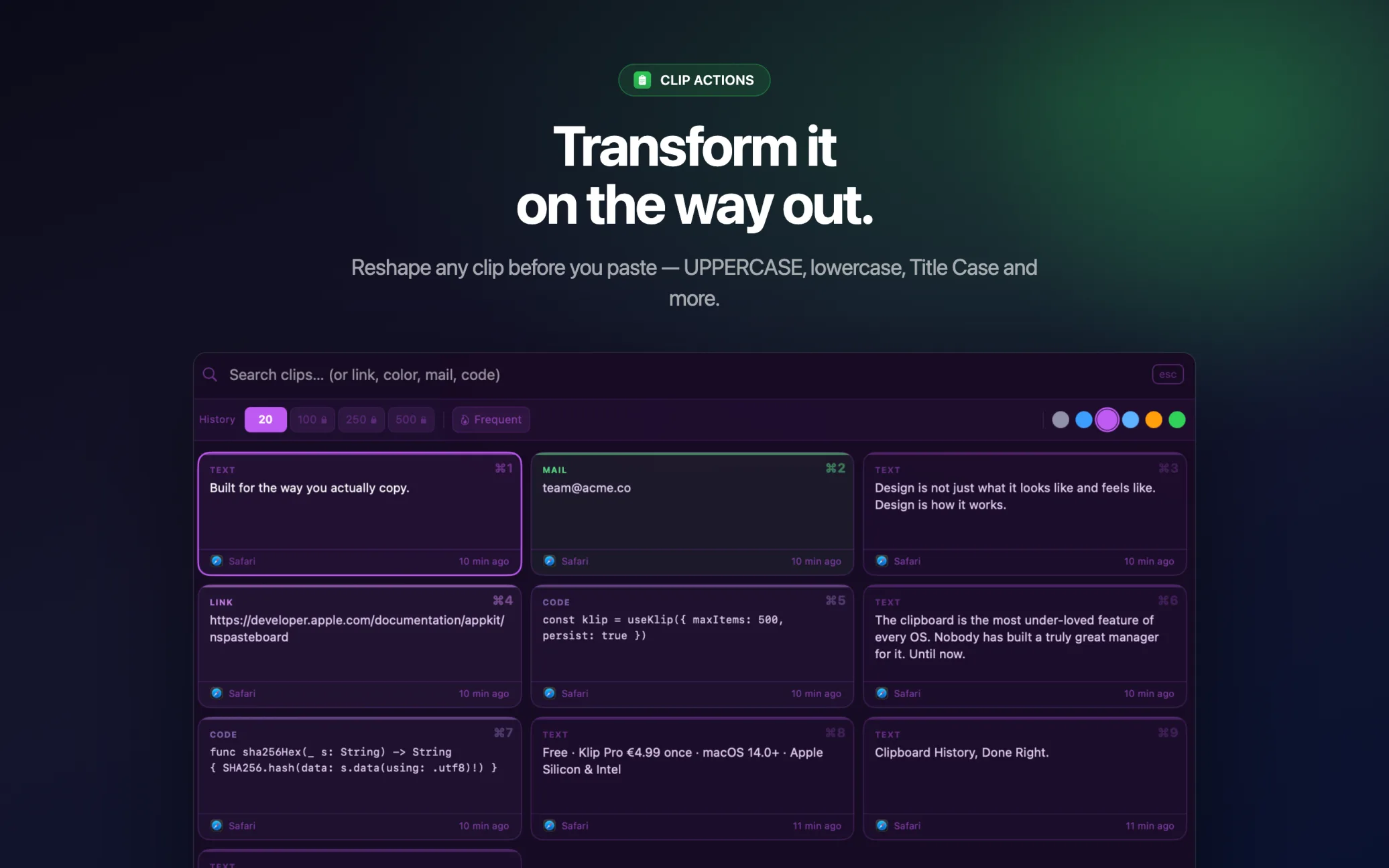 Klip clip actions menu for a clipboard entry