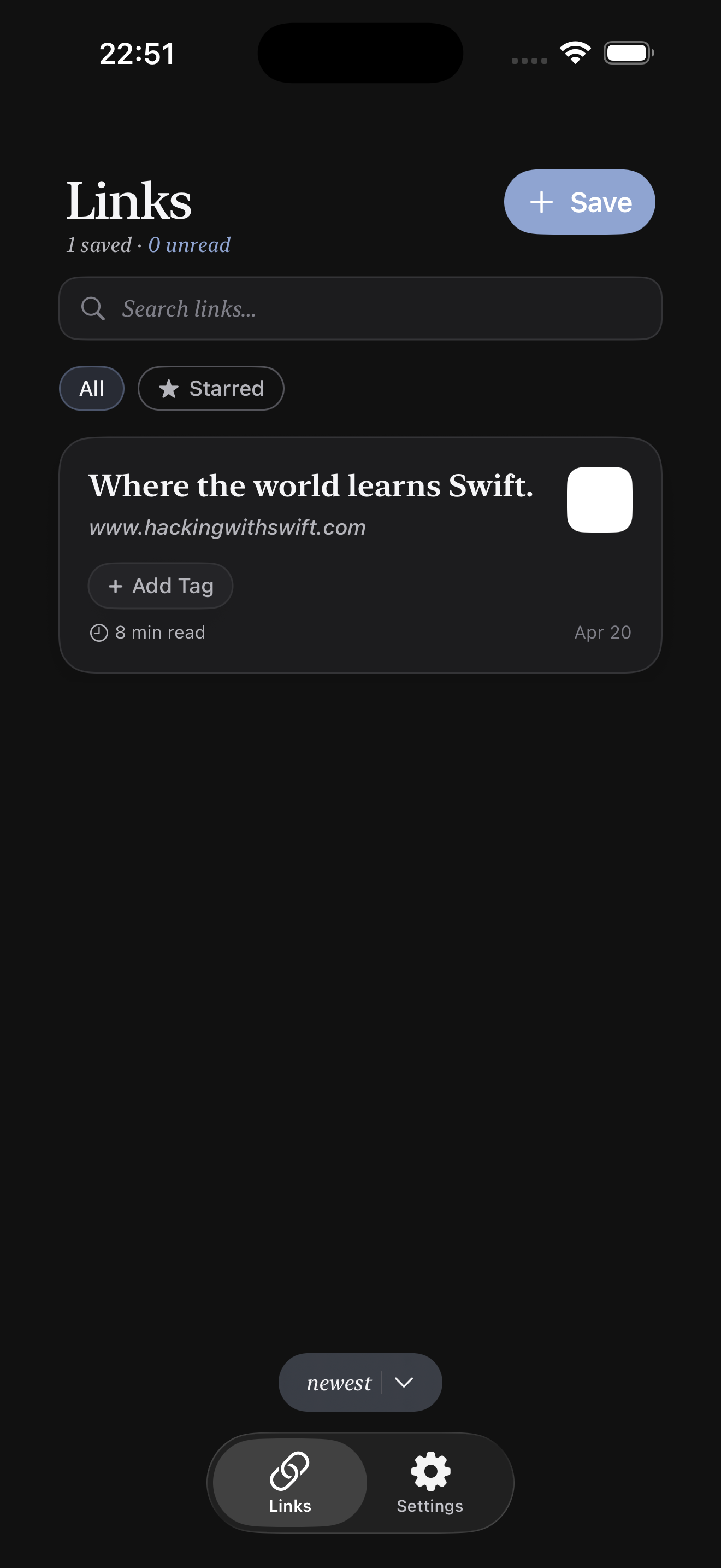 Linkable iPhone screenshot showing one-tap save flow