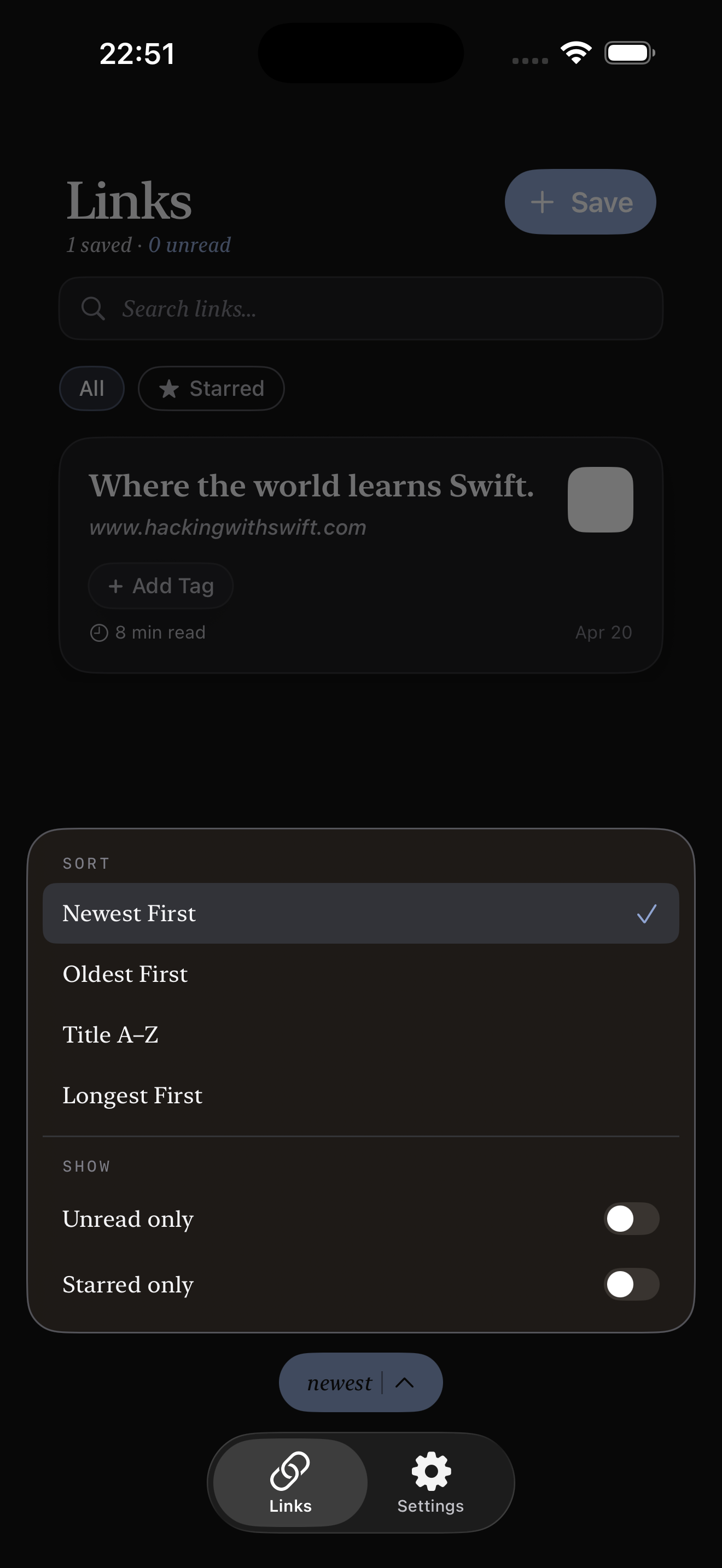 Linkable iPhone screenshot showing sorted link library
