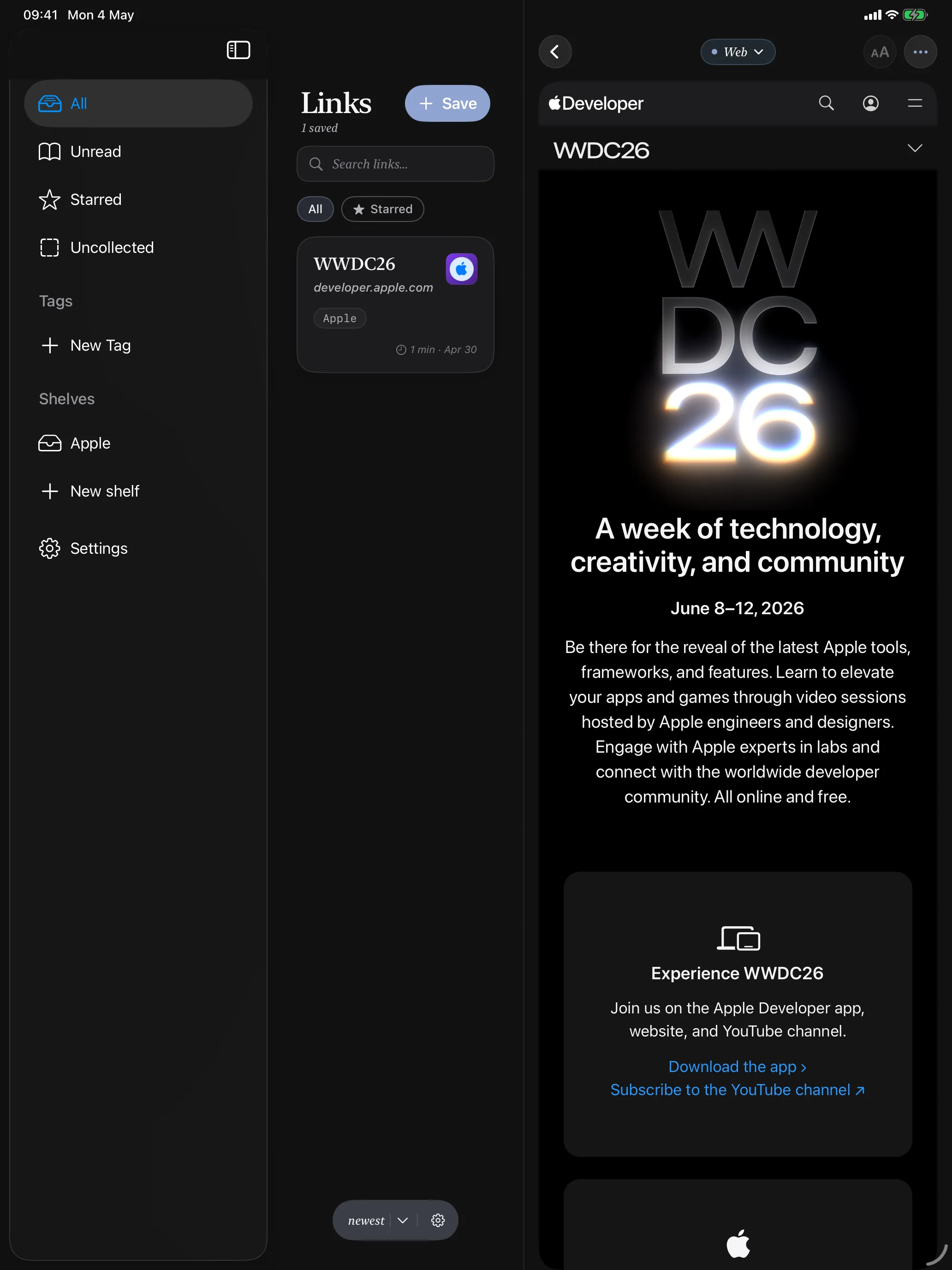 Linkable iPad multi-column screenshot with shelves sidebar