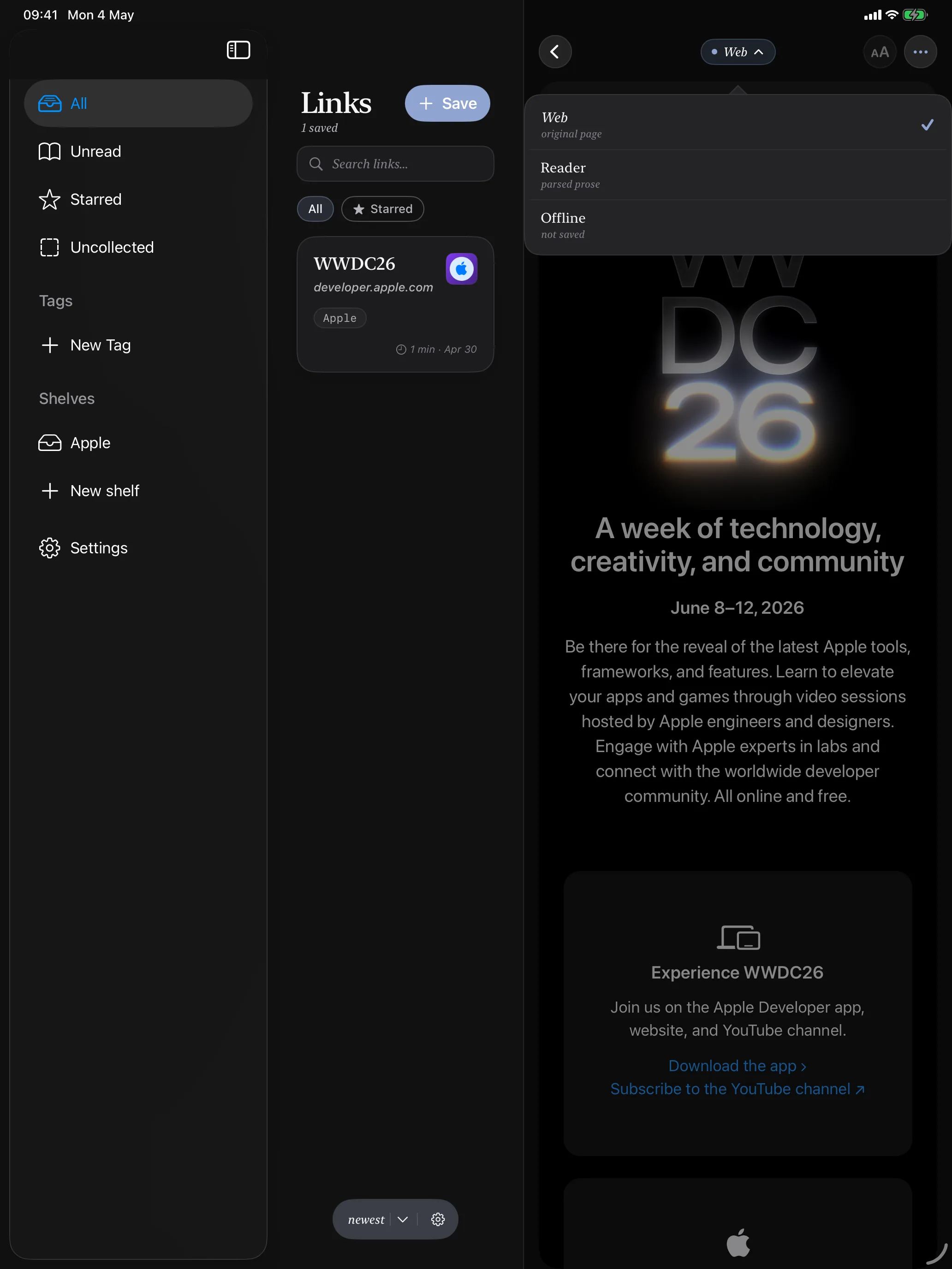 Linkable iPad screenshot showing reading mode options