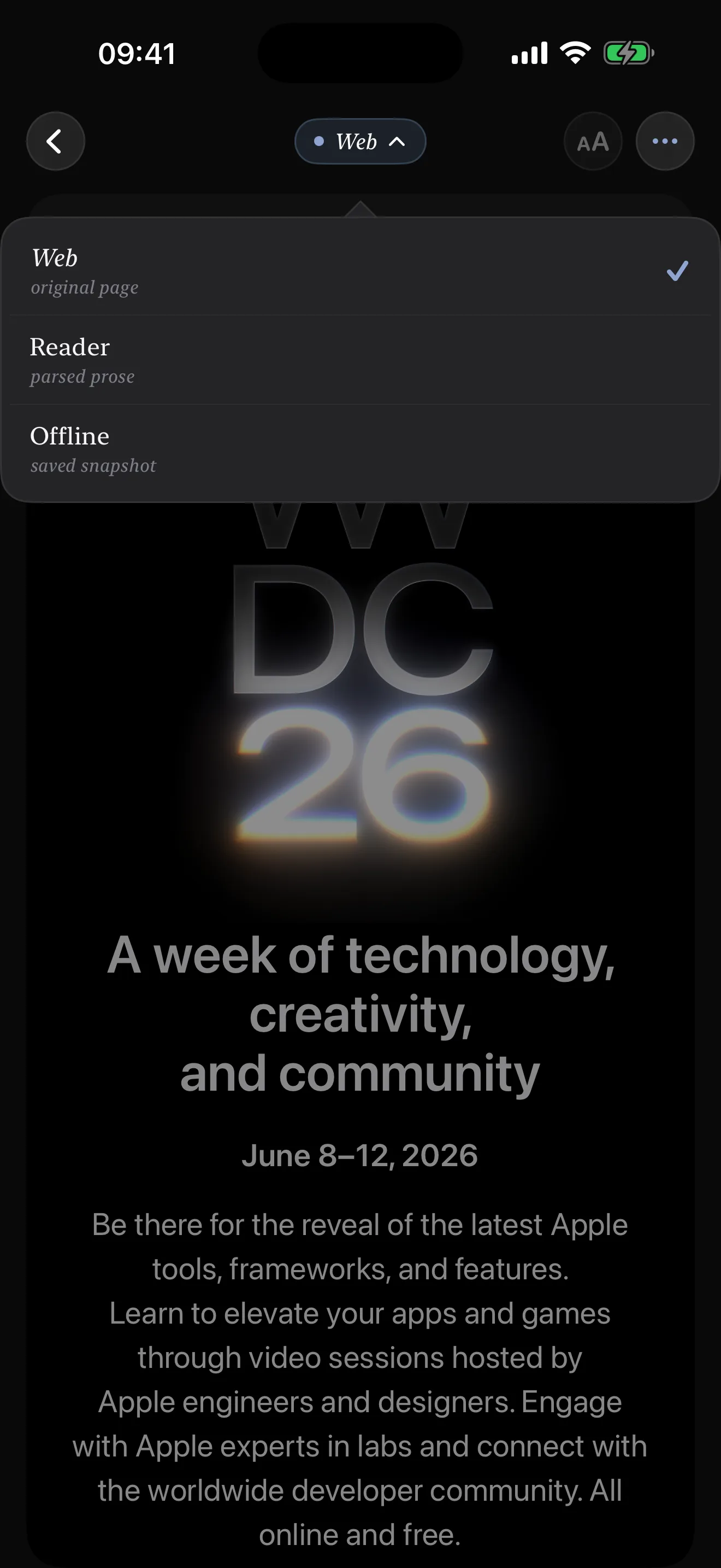 Linkable iPhone screenshot showing reading mode options