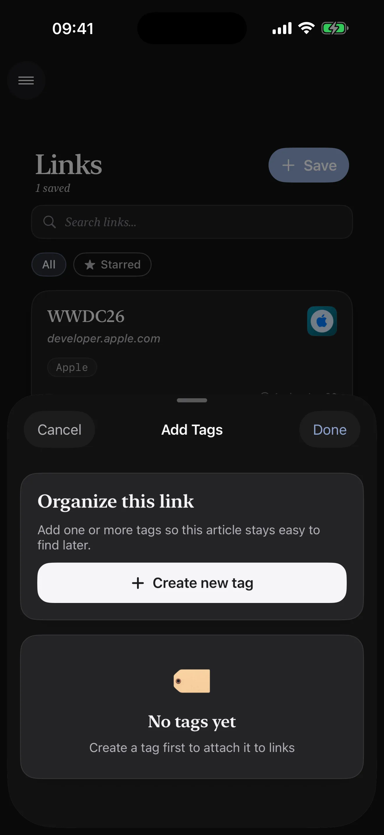 Linkable iPhone screenshot showing tagging a link