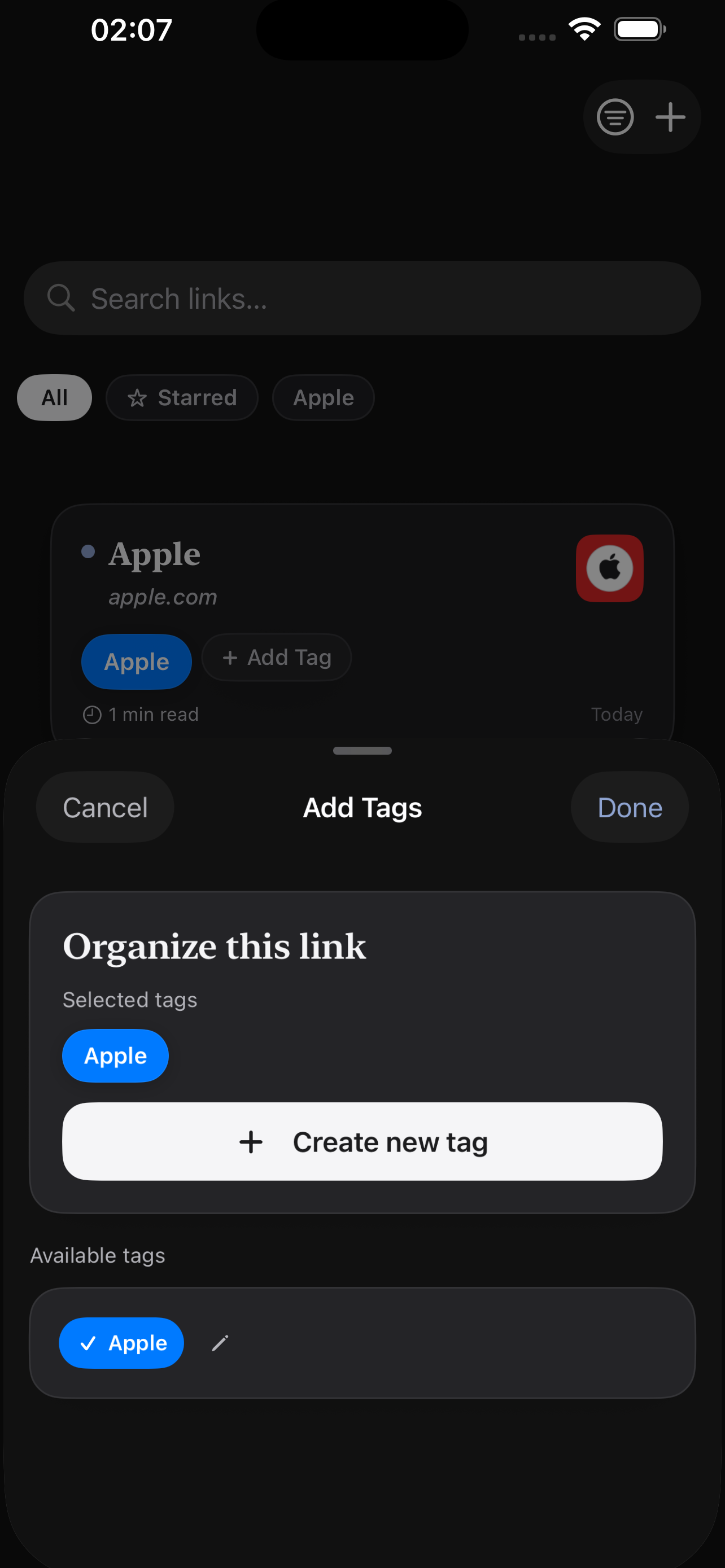 Linkable app tag organization