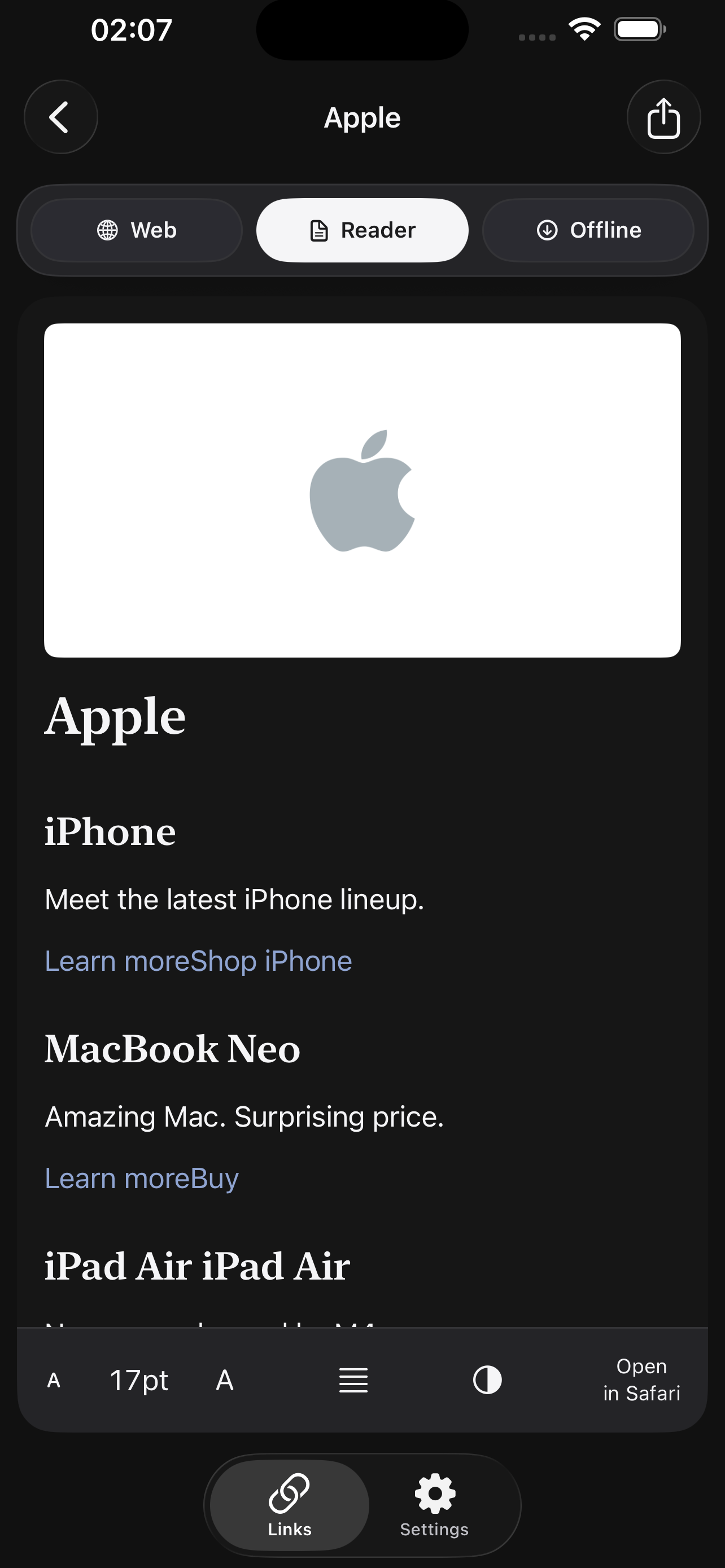 Linkable app reading view