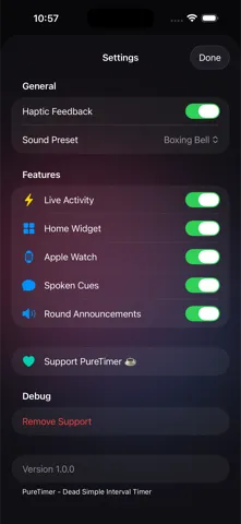 PureTimer screenshot showing voice-cue settings