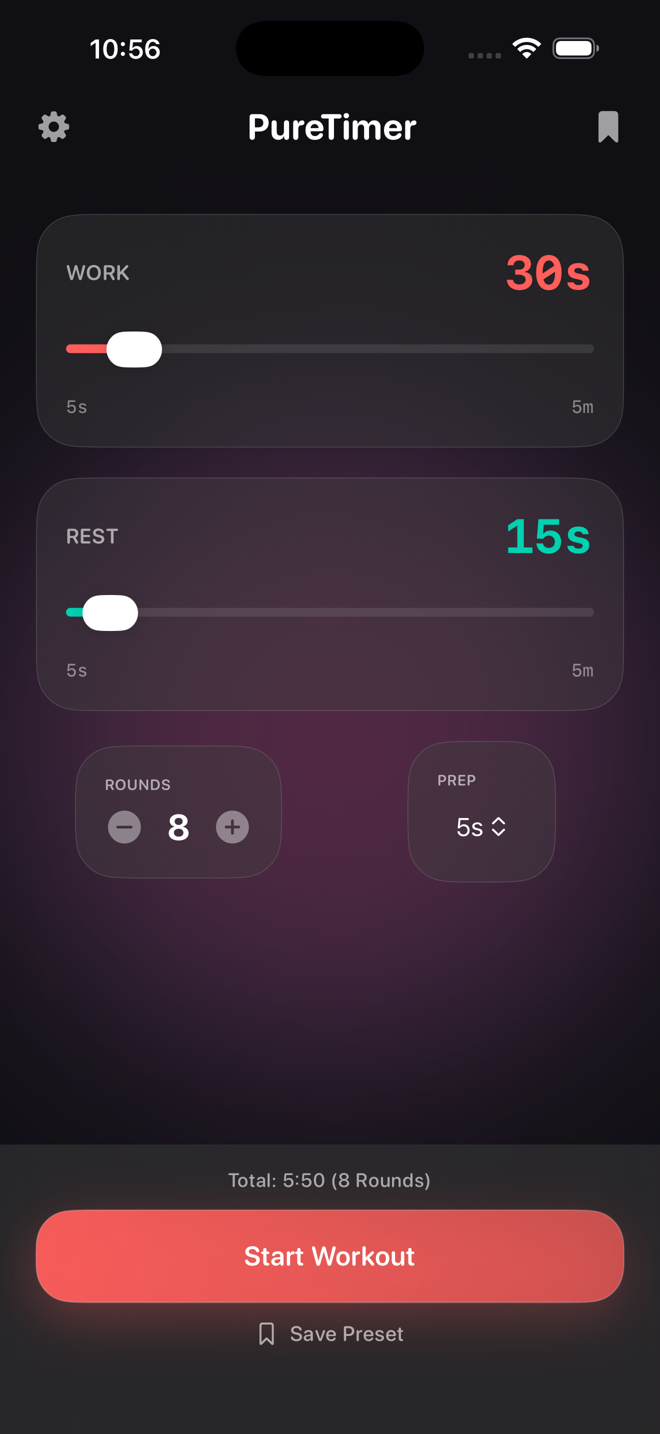 PureTimer iPhone screenshot showing interval setup