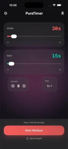 PureTimer screenshot showing interval setup